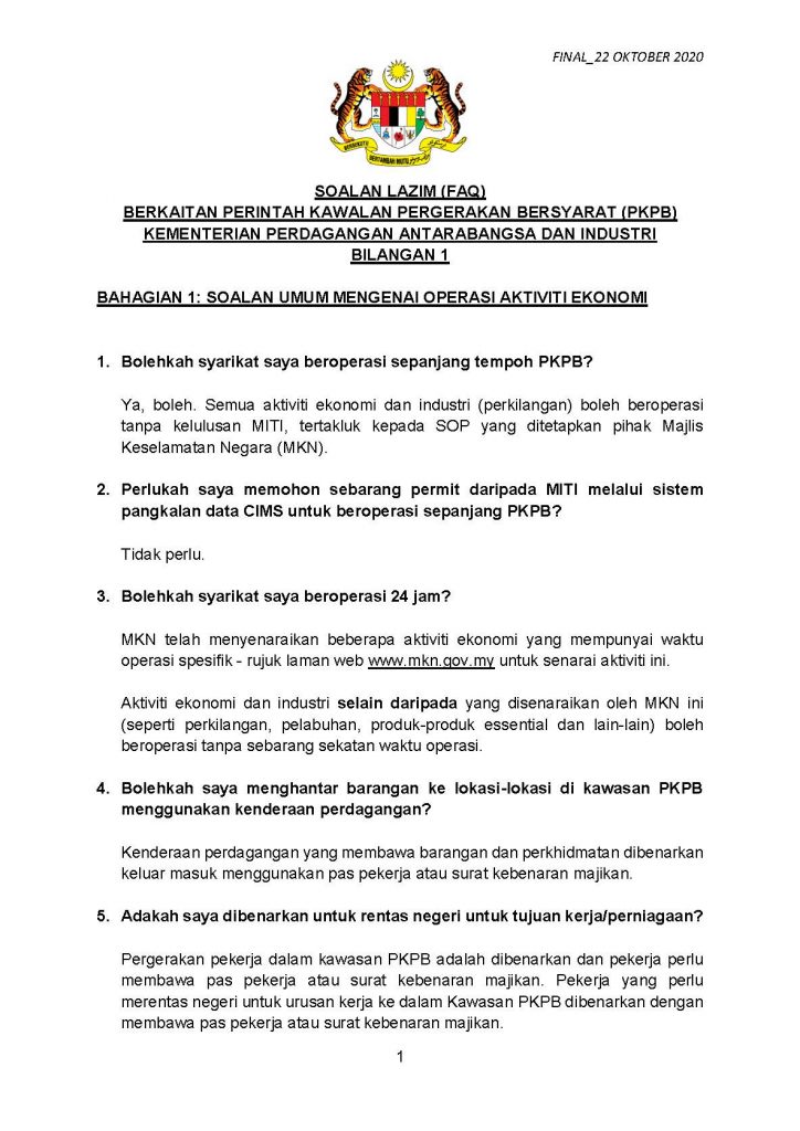 Soalan Lazim (FAQ) Berkaitan Perintah Kawalan Pergerakan Bersyarat