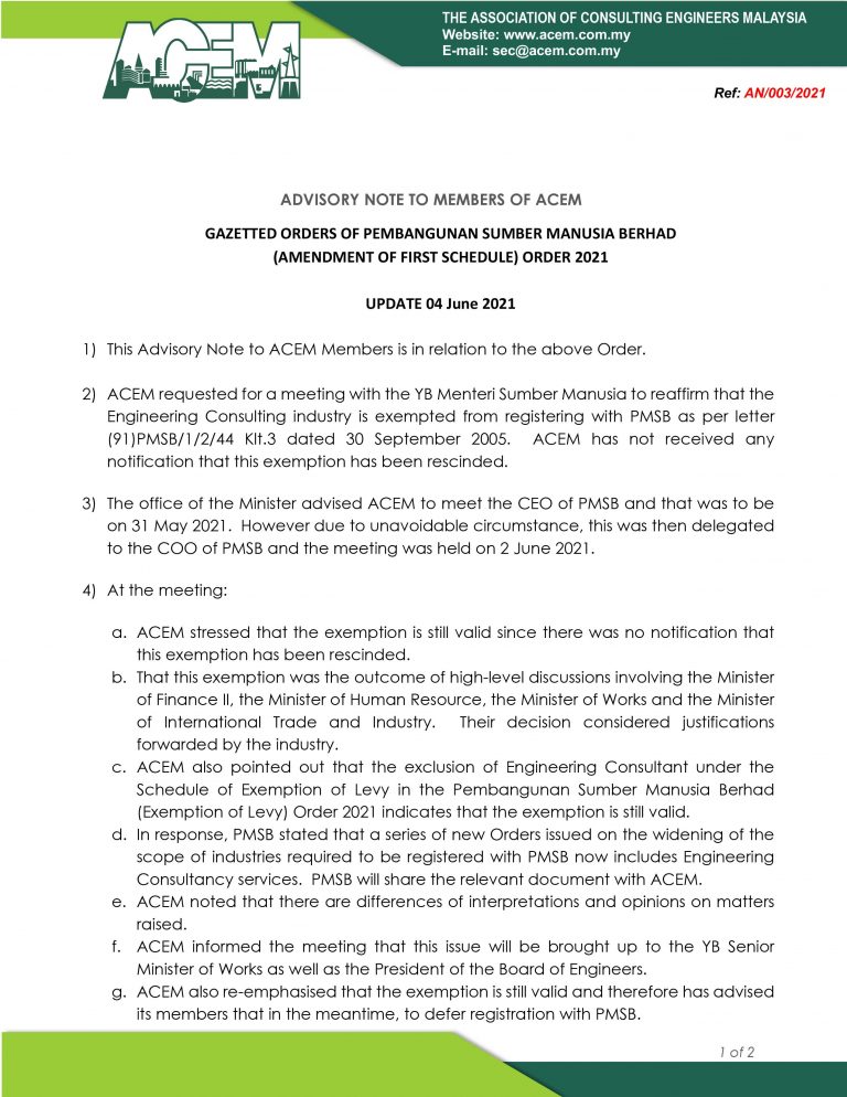 Advisory Note to Members of ACEM Gazetted Orders of Pembangunan Sumber