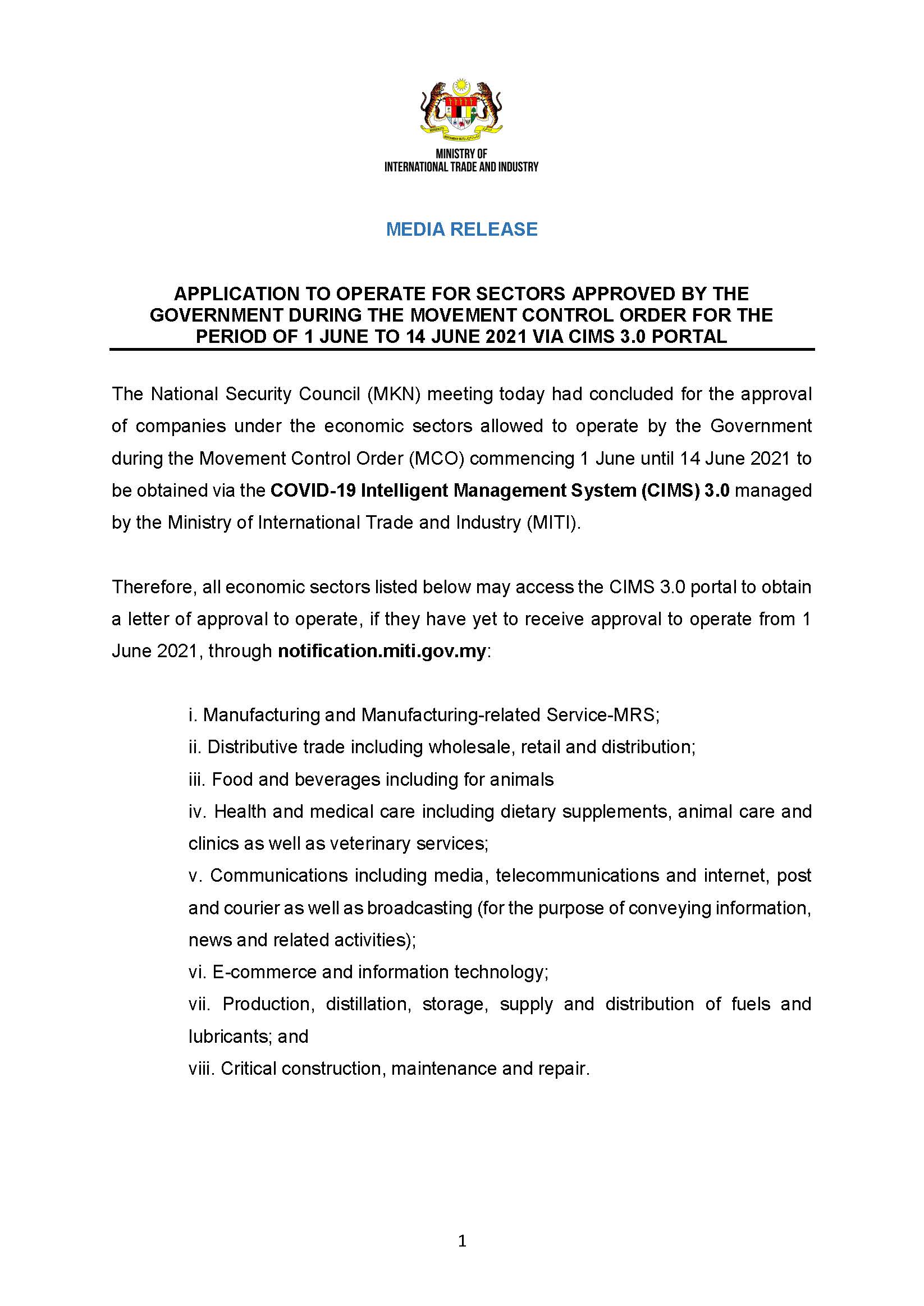 How to apply miti approval letter for mco 3.0